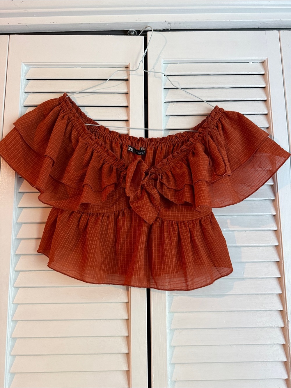 Zara Rust Off-Shoulder Ruffle Crop Top